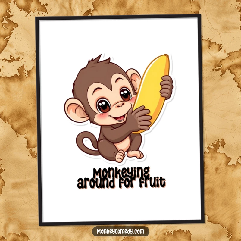 Funny Free Printable Wall Art of a curious monkey with wide eyes reaching for a ripe banana, great downloadable art.