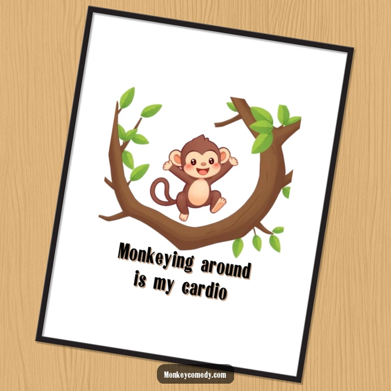 Funny Free Printable Kawaii Monkey Wall Art: An energetic monkey leaps joyfully between tree branches.