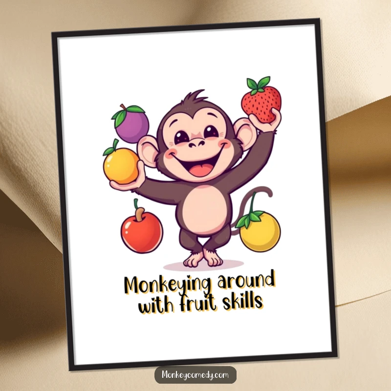 Funny free printable wall art depicting a grinning monkey expertly juggling three colorful fruits, adding a lively and humorous touch to any room.