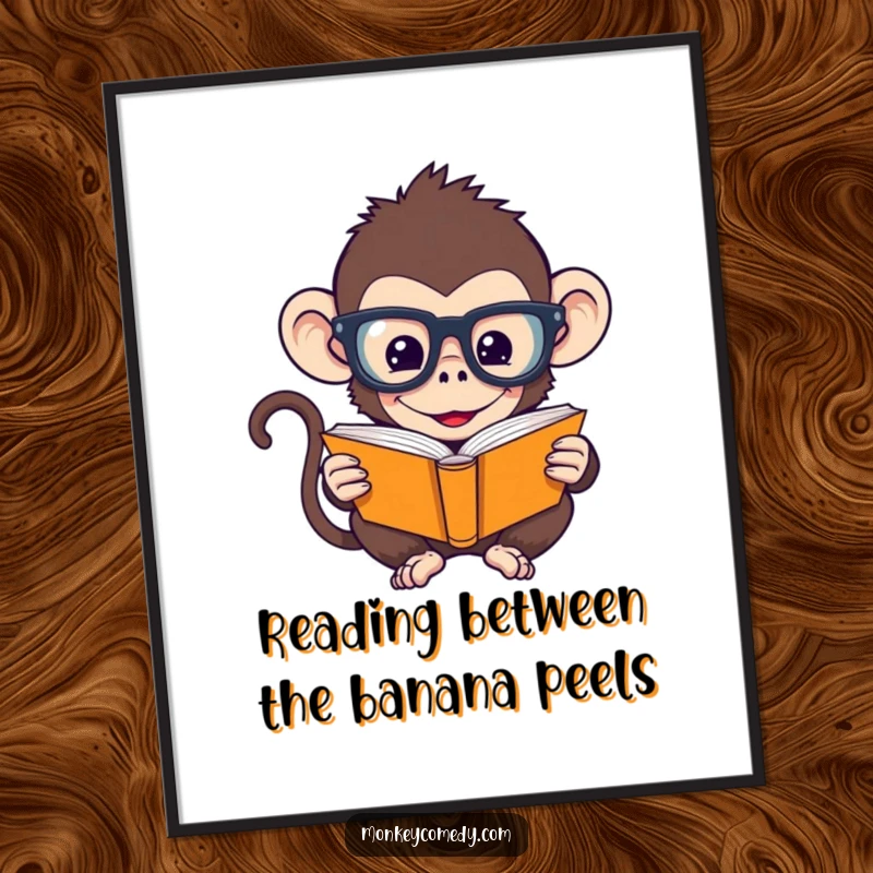 Funny Free Printable Wall Art: Humorous monkey character wearing oversized glasses, intently reading a tiny book.