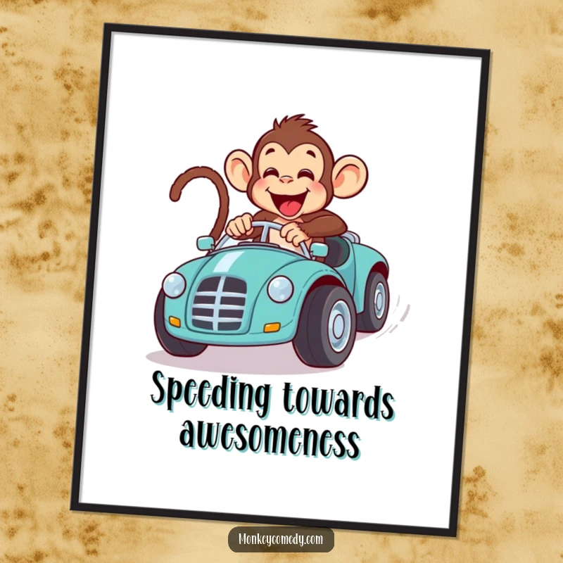 Funny Free Printable Wall Art depicting a monkey comically speeding in an oversized toy car, bringing a playful, energetic vibe.