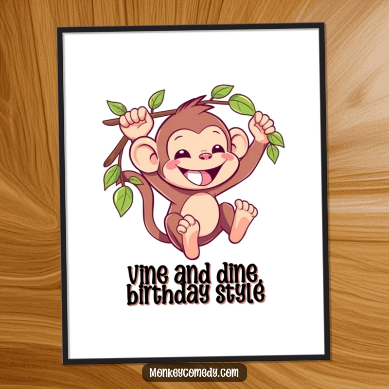 Funny Free Printable Wall Art: A super happy kawaii monkey with a wide grin, dynamically swinging by a vine in a jungle scene.