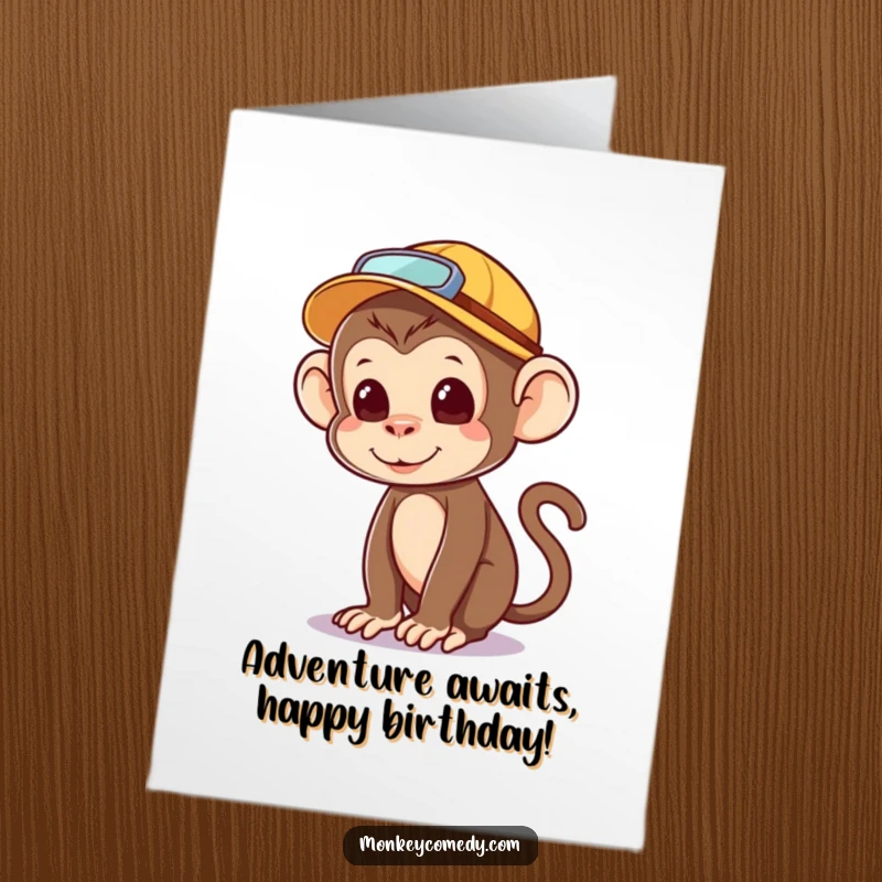 Funny Free Printable Birthday Card: a kawaii monkey in an explorer hat, curiously looking around.