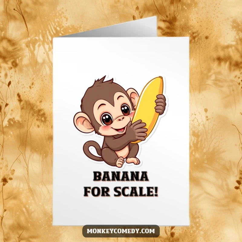 Funny Free Printable Birthday Card featuring a curious monkey with wide eyes reaching for a ripe banana, a fun DIY gift.