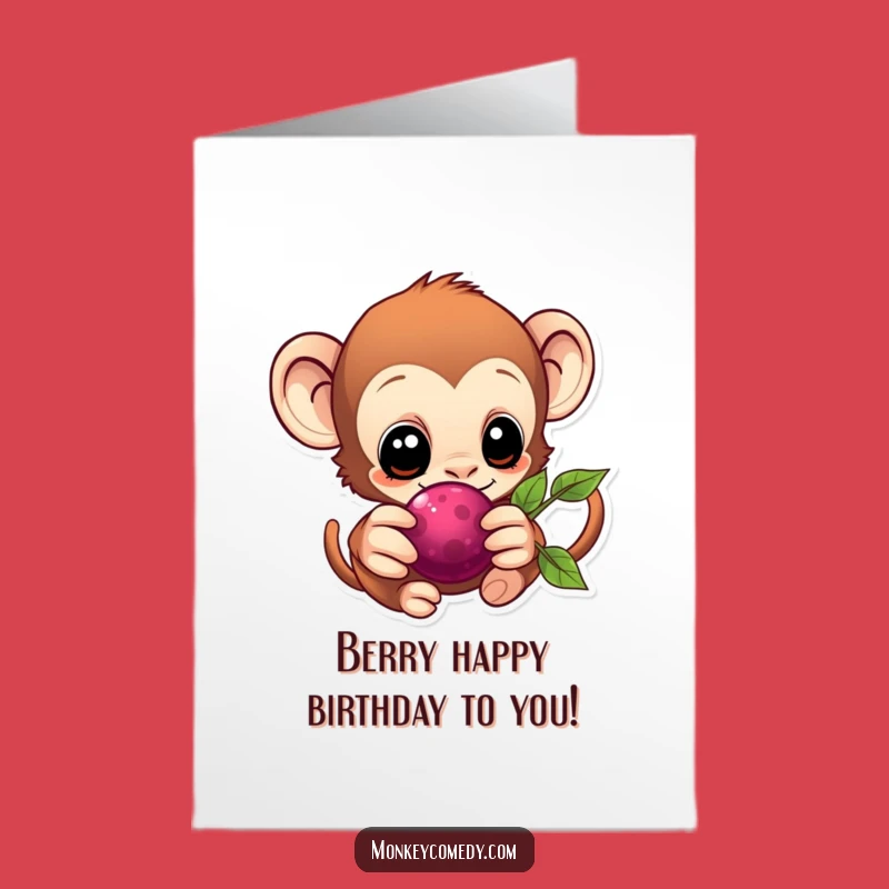Eager Monkey Berry Free Printable Birthday Card - Joyful Downloadable Greeting for Sweet Celebrations