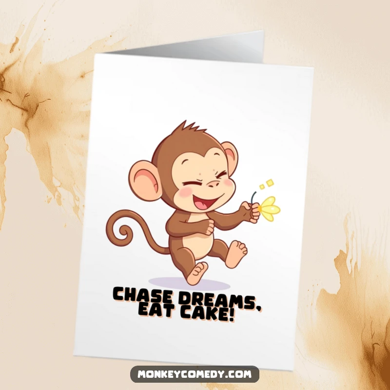 Funny Free Printable Birthday Card: A monkey with a naughty look chases a glowing firefly. Downloadable fun for a special day.