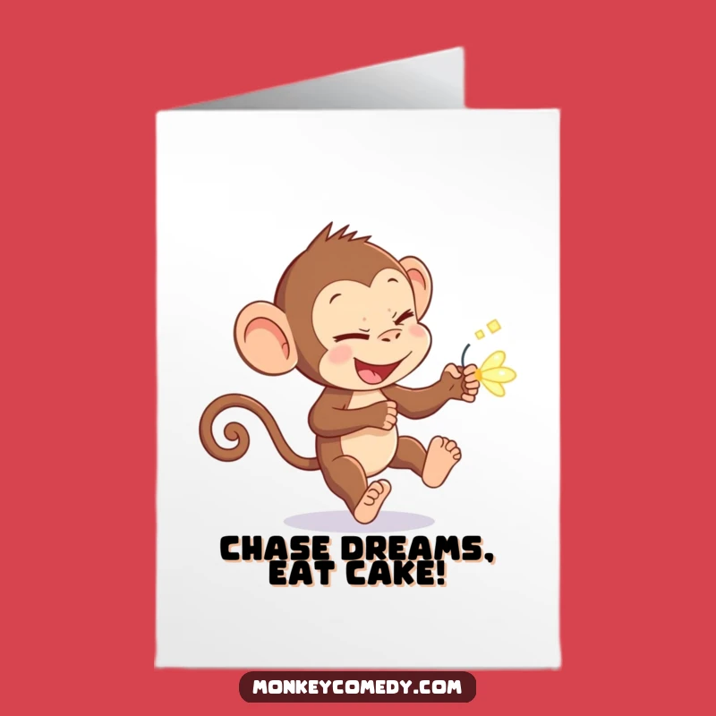 Free Printable Birthday Card: Mischievous Monkey Chasing Firefly - Funny Downloadable Gift!