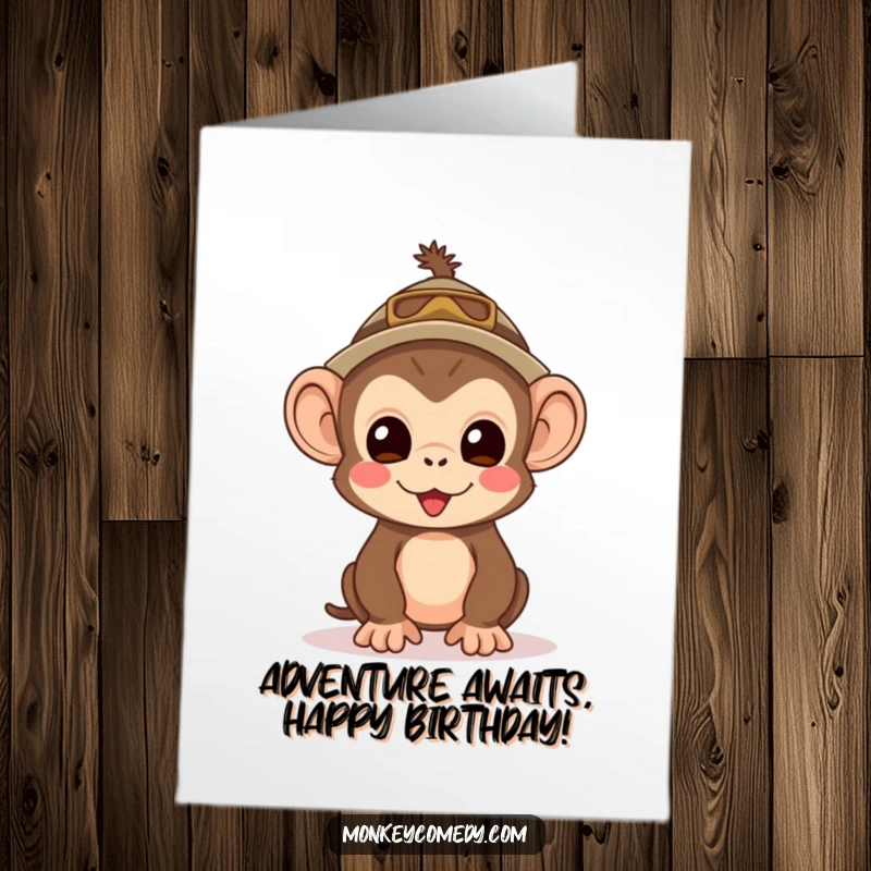 Funny Free Printable Birthday Card: A kawaii monkey in an explorer hat looks excited for adventure, great for DIY greetings.