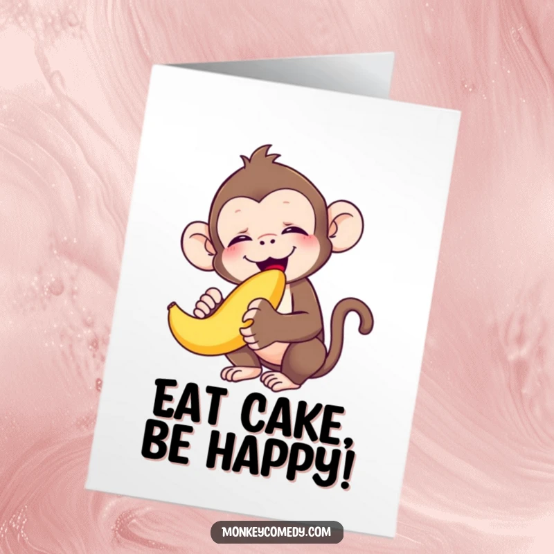 Funny Free Printable Birthday Card: A monkey happily devours a banana, eyes closed in pure bliss. Downloadable joy for a special day.
