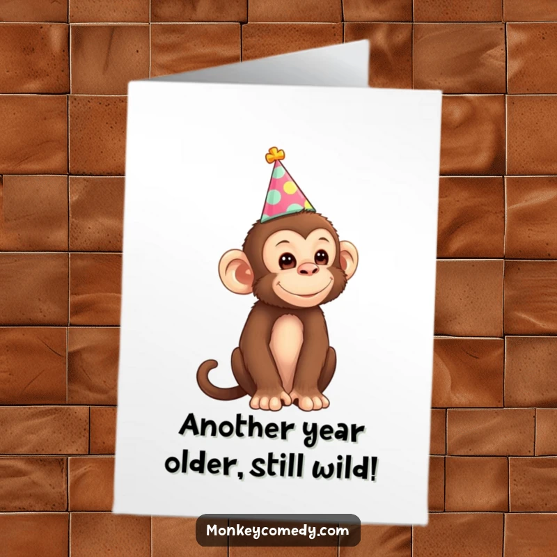 Funny free printable birthday card with a monkey wearing a tiny party hat, ready to celebrate your special day with zest.