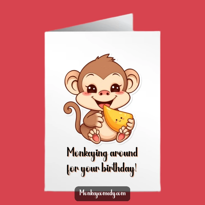 Free Printable Birthday Card: Kawaii Monkey Eating Fruit, Funny Gift