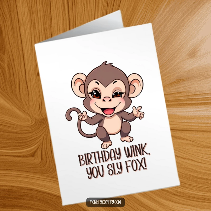 Funny Free Printable Birthday Card: Monkey playfully teasing with a mischievous wink, adding humor to their day. Downloadable, print at home.