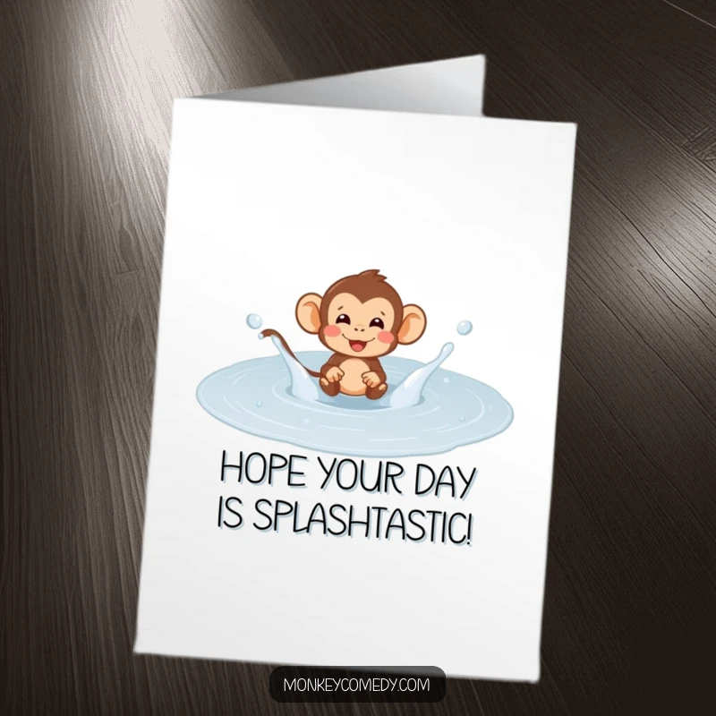 Funny Free Printable Happy Birthday card showing a monkey gleefully splashing in a giant puddle, full of playful energy.