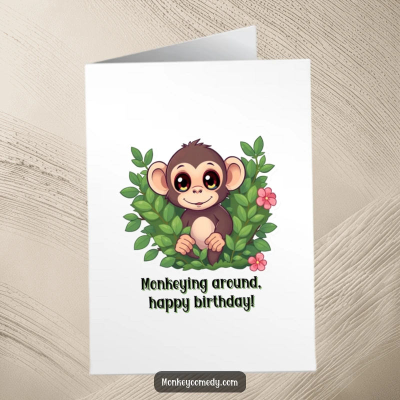 Funny Free Printable Birthday Card: A monkey with wide, startled eyes peeks from behind a bush.