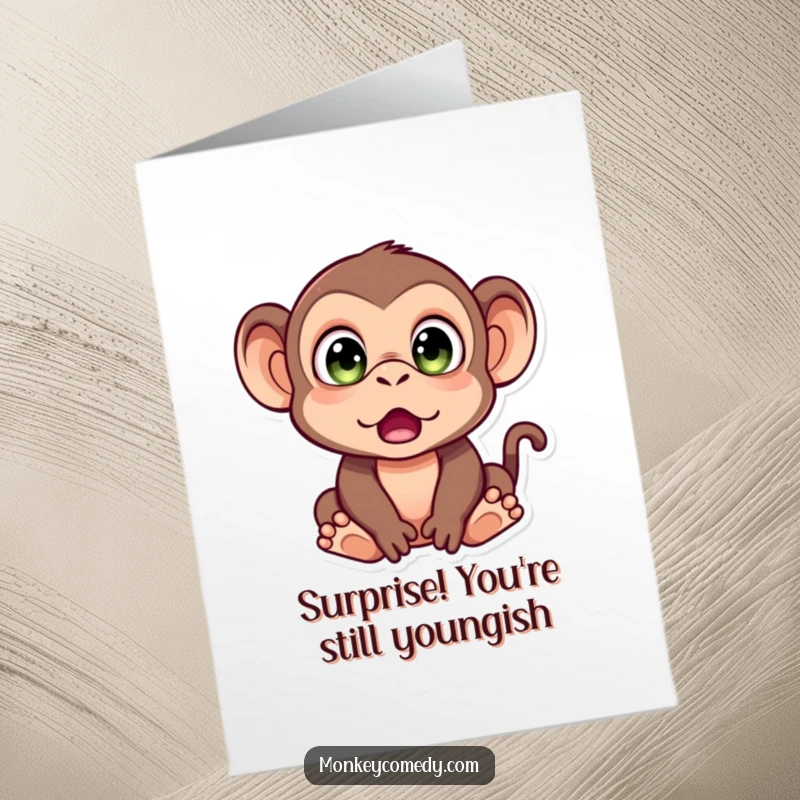 Funny free printable birthday card showing a monkey with comically wide eyes, expressing utter surprise and cartoonish astonishment.