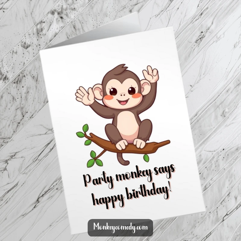 Funny Free Printable Birthday Card: A monkey perched on a branch, playfully waving hello. Downloadable, print at home.