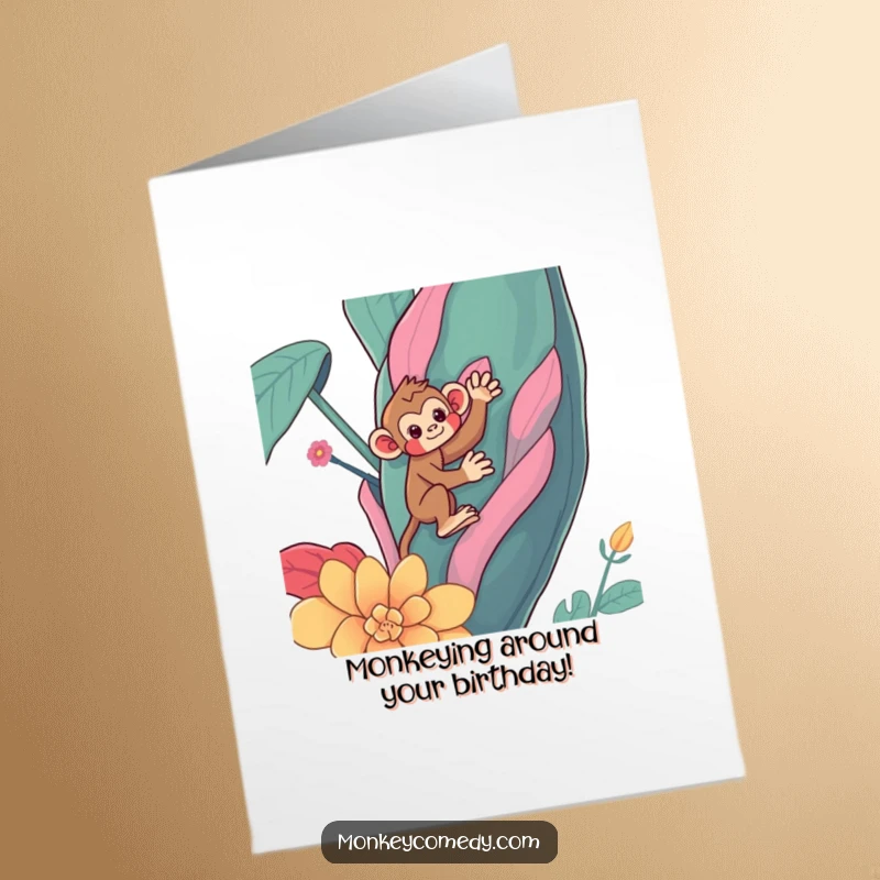 Funny Free Printable Birthday Card featuring a cute Kawaii monkey joyfully climbing a vibrant, oversized plant, ready to deliver birthday cheer.