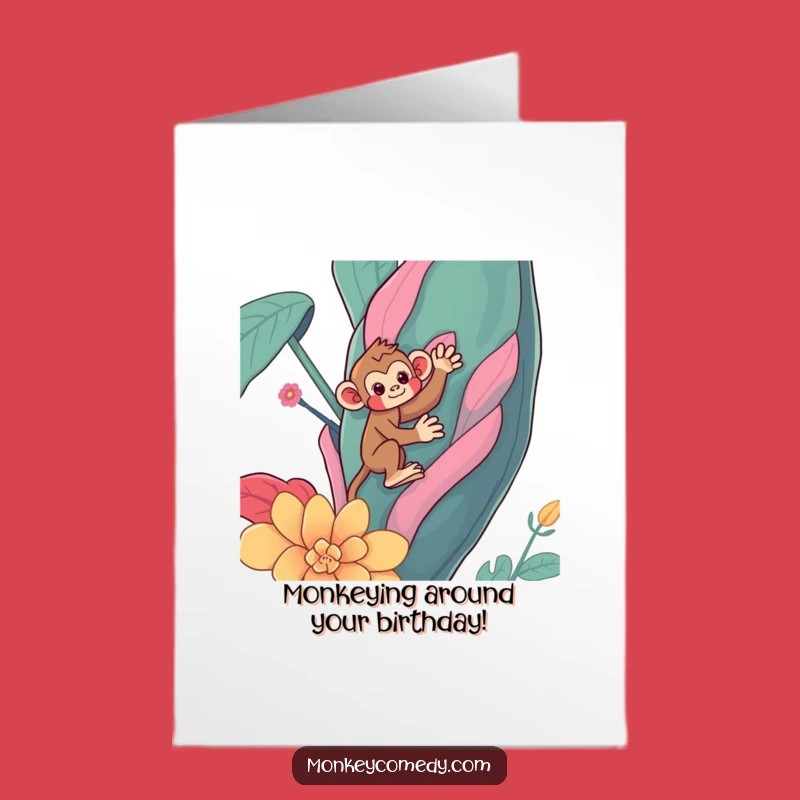 Free Printable Kawaii Monkey Birthday Card: Funny Monkey Climbing Plant Downloadable Gift