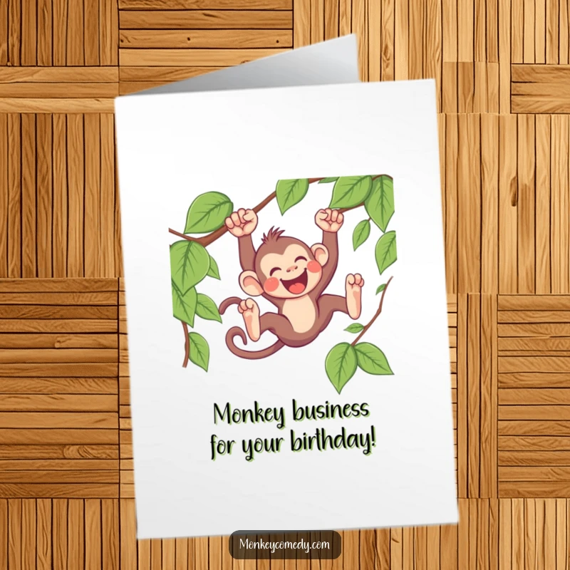 Funny Free Printable Birthday Card featuring a laughing Kawaii monkey joyfully sliding down a lush vine, ready for birthday fun.