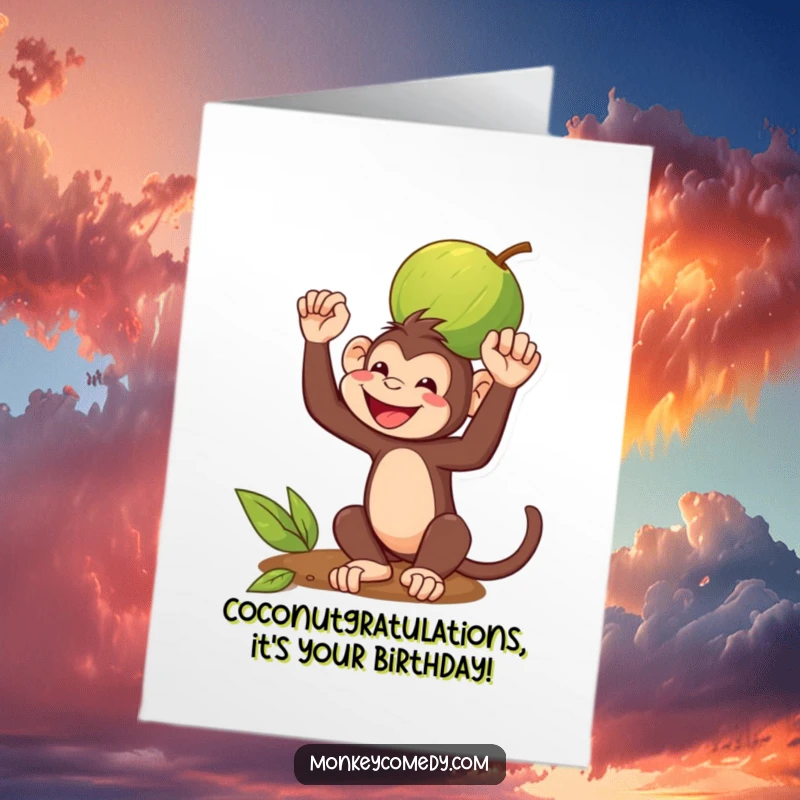 Funny Free Printable Birthday Card: A monkey with a wide grin proudly balancing a coconut on its head, celebrating happily.