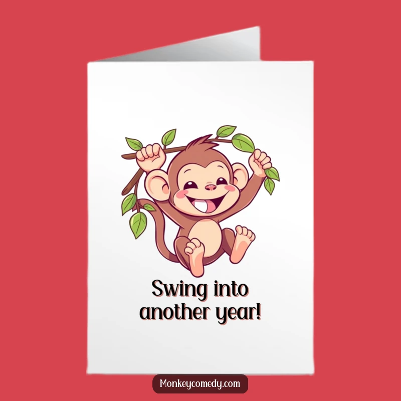 Funny Free Printable Monkey Birthday Card: Kawaii Monkey Swinging Grin Downloadable Gift