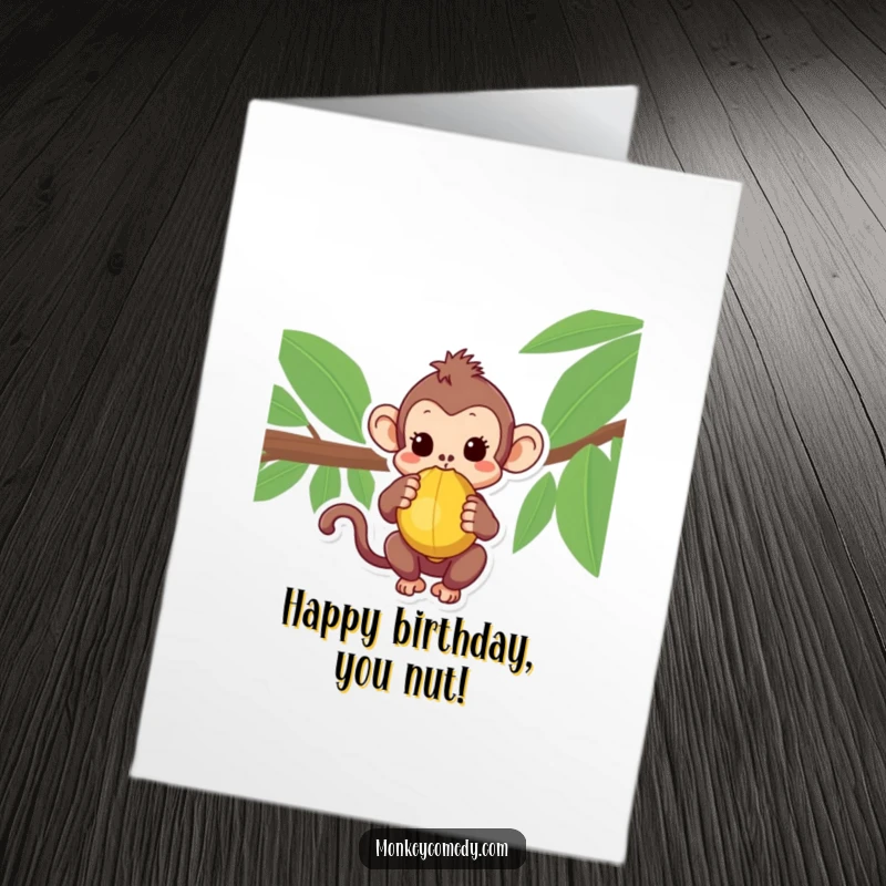 Curious Free Printable Monkey Birthday Card: A kawaii monkey looking intently at a coconut, wondering about its contents.