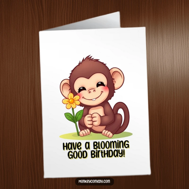 Funny Free Printable Birthday Card: A monkey with a sweet smile presents a single, delicate, bright flower, a gesture of kindness.