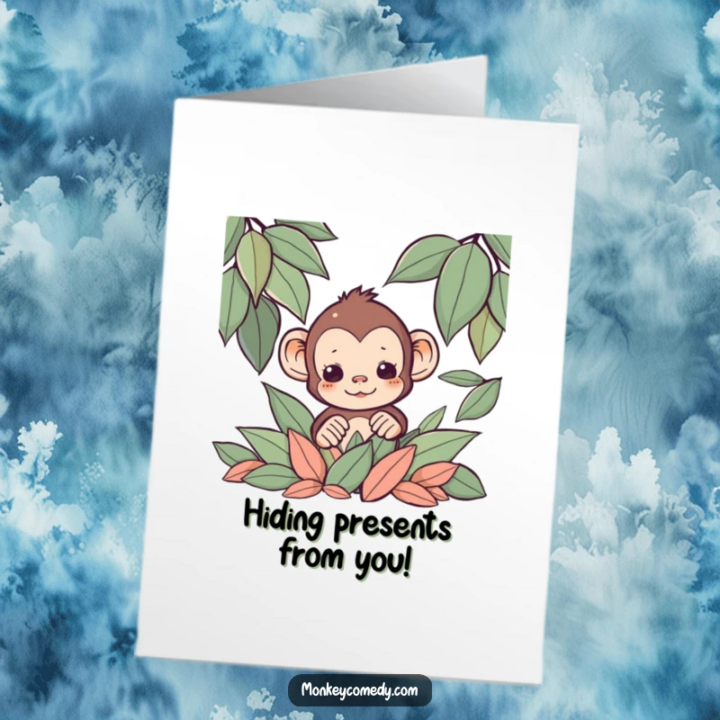 Funny Free Printable Birthday Card: A cute Kawaii monkey peeking mischievously from behind a pile of autumn leaves, ready to surprise.
