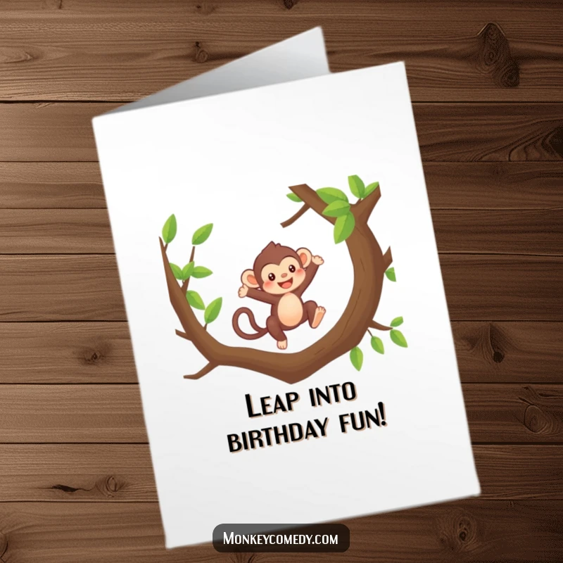 Funny Free Printable Kawaii Monkey Birthday Card: A happy monkey swings from a tree branch, celebrating a birthday.