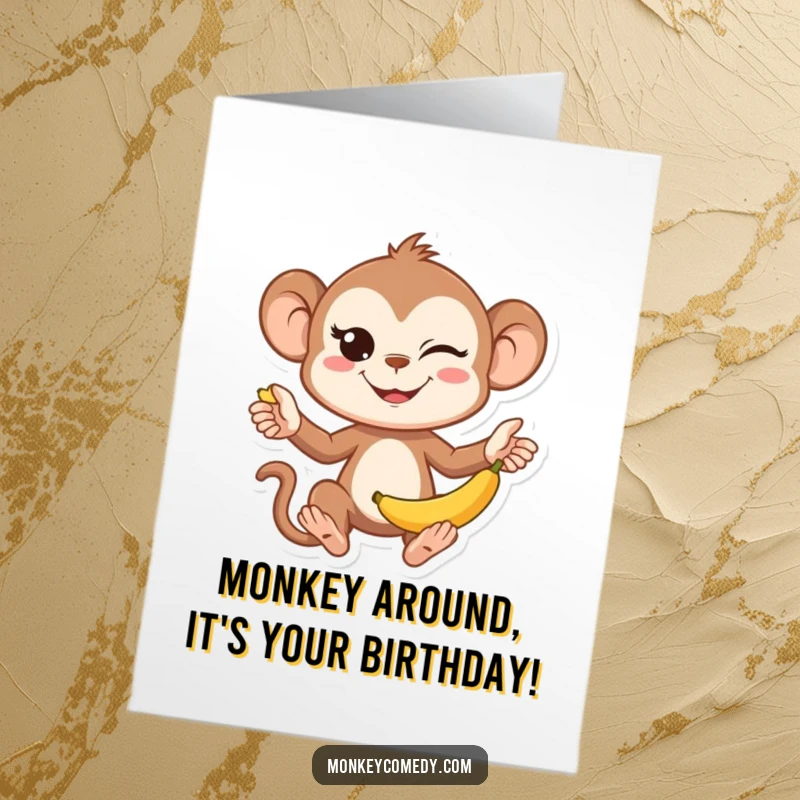 Funny Free Printable Birthday Card: A kawaii monkey winks while juggling bananas, perfect for a humorous DIY greeting.
