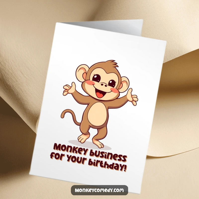 Funny Free Printable Birthday Card: Kawaii monkey doing a silly tail dance, spreading joy and birthday cheer.
