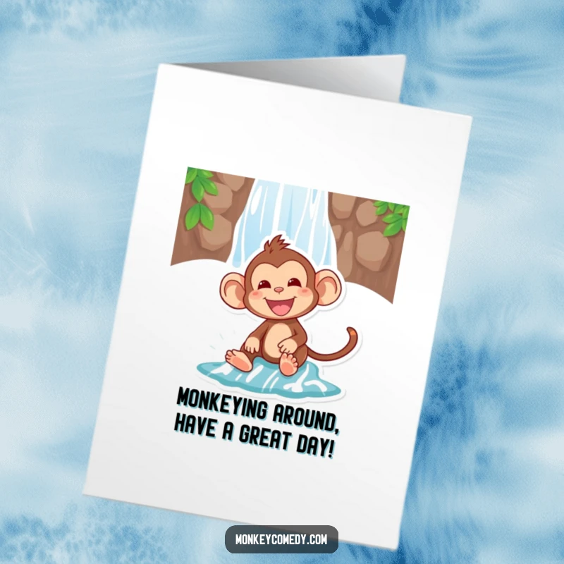 Funny free printable birthday card: happy monkey joyfully sliding down a waterfall, squealing with delight.