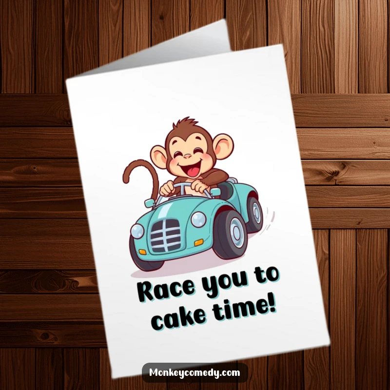 Funny Free Printable Happy Birthday card of a monkey comically racing an oversized toy car, full of speed and excitement.
