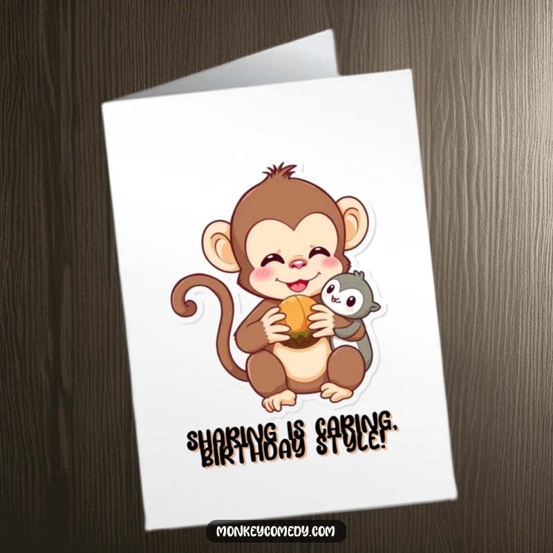 Funny Free Printable Kawaii Monkey Birthday Card: Two monkeys sharing a nut, celebrating a birthday with joy.