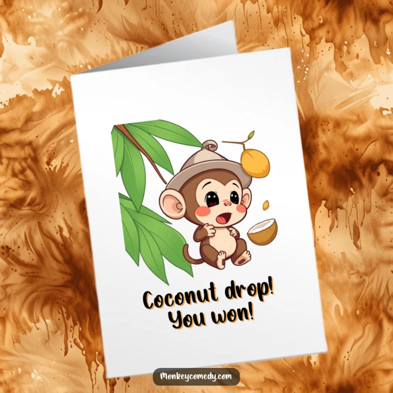 Funny Free Printable Congrats Card featuring a monkey in a tiny hat looking surprised by a falling coconut, a quirky DIY gift.