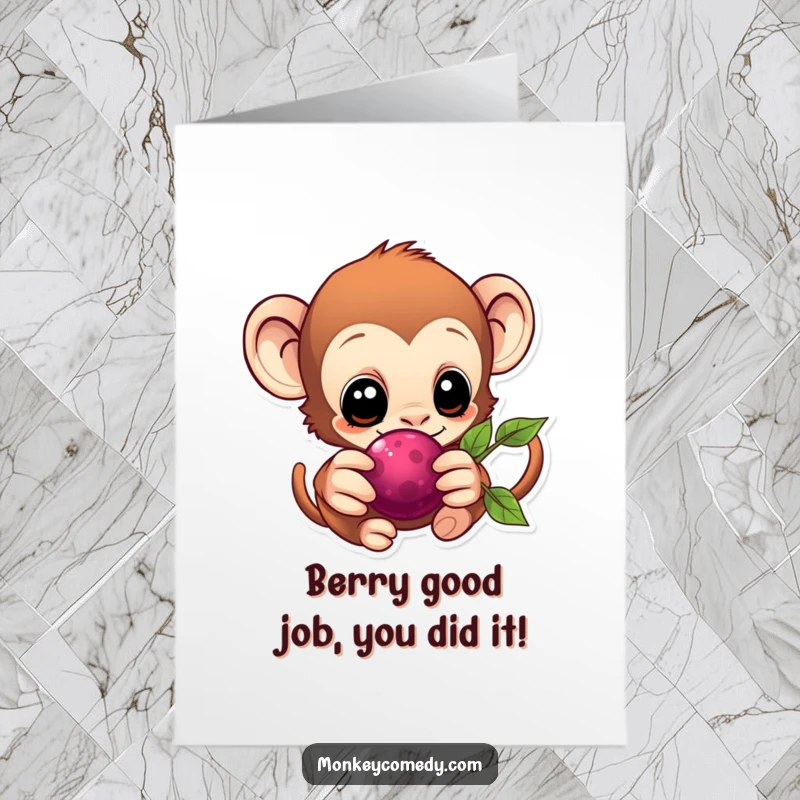 Excited Free Printable Monkey Congrats Card: A wide-eyed kawaii monkey eagerly reaching for a delicious berry, celebrating a win.