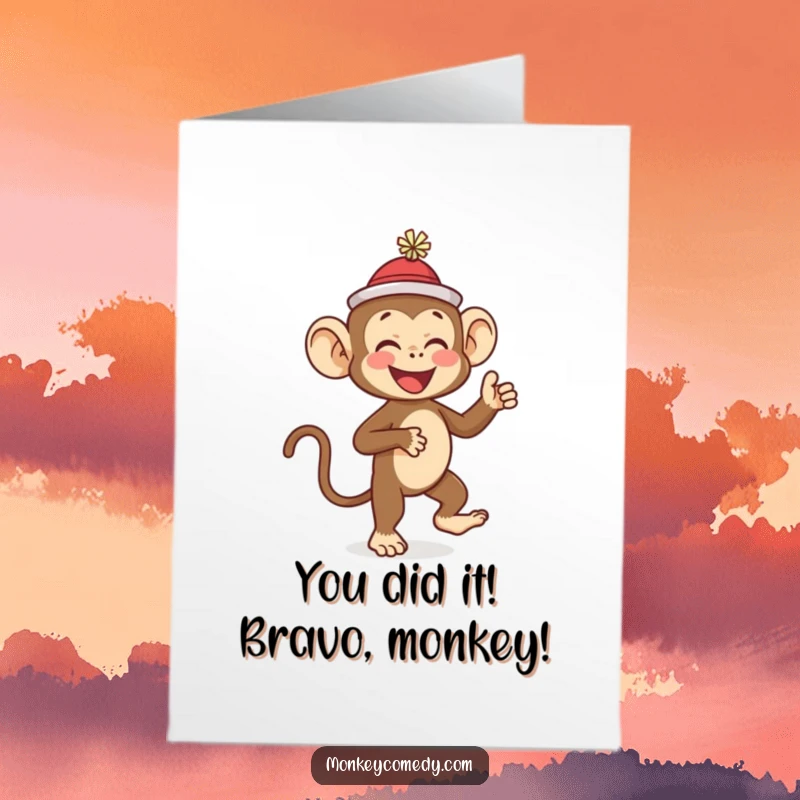 Funny Free Printable Congratulations Card: A giggling monkey in a small hat dances with pure delight. A humorous, downloadable way to say congrats!