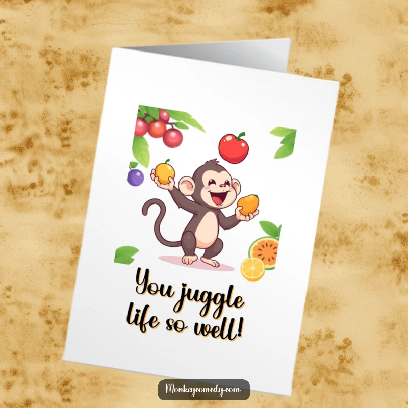 Funny Free Printable Congrats Card: Monkey skillfully juggling colorful fruits, a metaphor for handling success. Downloadable, print at home.