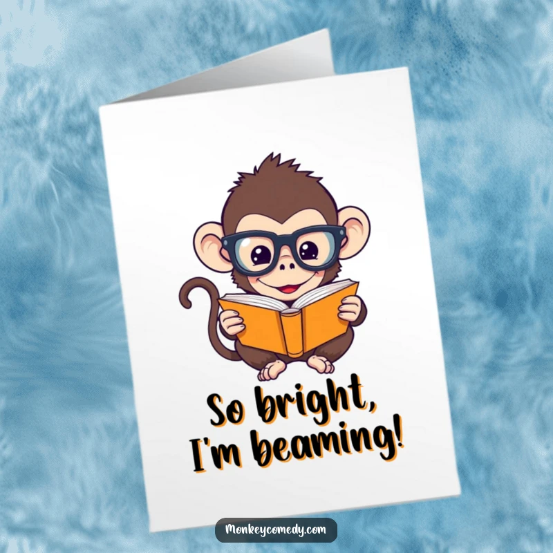 Funny Free Printable Congrats Card: Humorous monkey wearing big glasses, reading and celebrating a clever success.