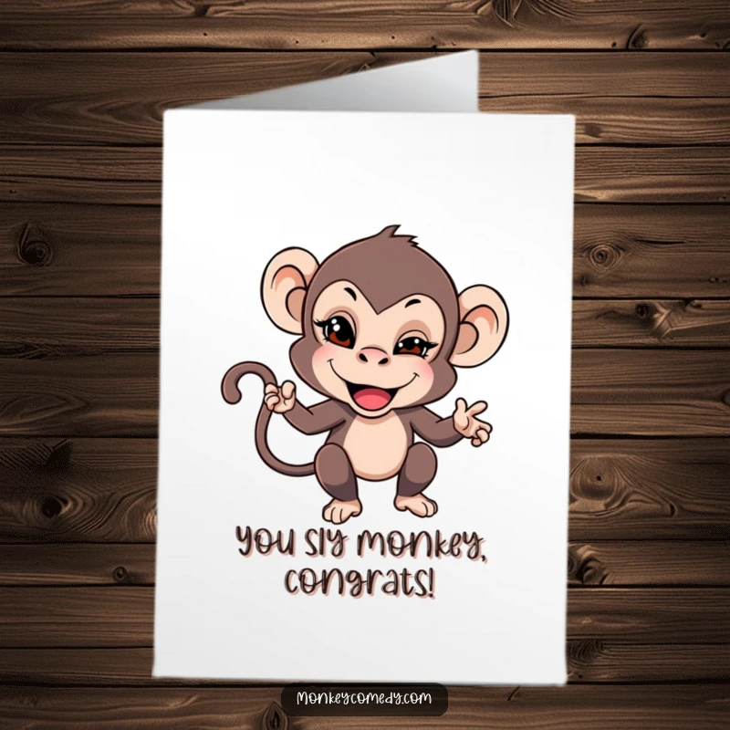 Funny Free Printable Congrats Card: Monkey teasing with a mischievous wink, celebrating success with playful humor. Downloadable, print at home.