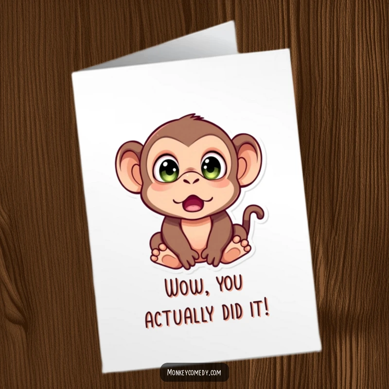 Funny free printable congratulations card of a monkey with exaggerated wide eyes, conveying a sense of delightful disbelief and shock.