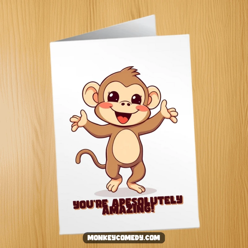 Funny Free Printable Congratulations Card: A delighted kawaii monkey performs a whimsical dance with its tail.