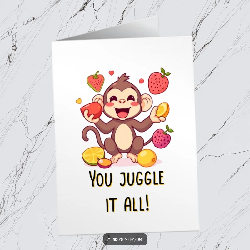 Funny Free Printable Congratulations Card: A kawaii monkey skillfully juggling a pile of colorful fruits with a cheerful demeanor.