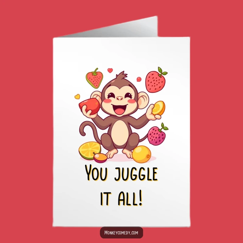 Free Printable Monkey Congrats Card: Juggling Fruits Kawaii Celebration Downloadable Gift