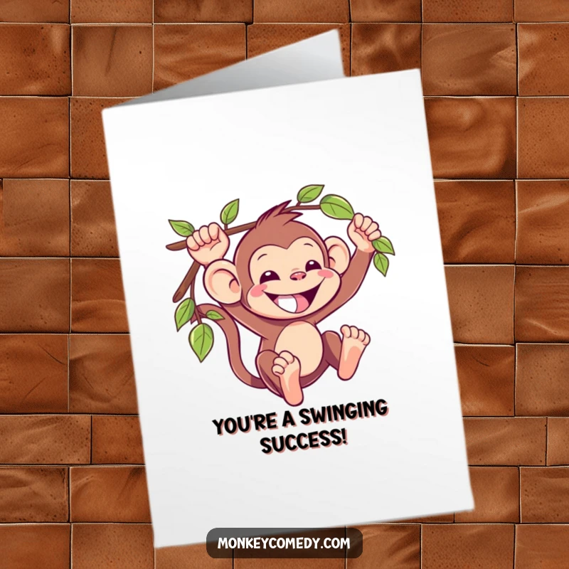 Funny Free Printable Congratulations Card: A kawaii monkey with a wide grin, swinging triumphantly on a vine for your celebration.
