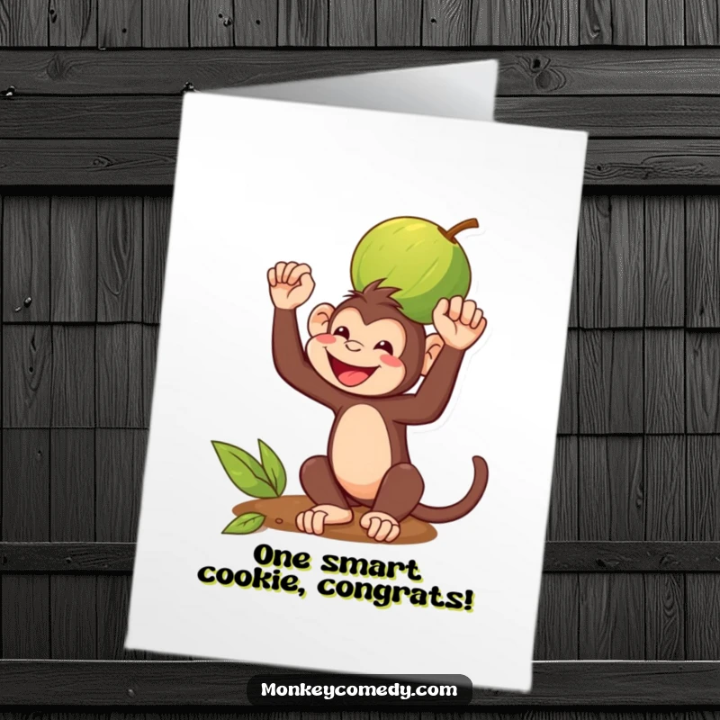 Funny Free Printable Congrats Card: A grinning monkey perfectly balancing a coconut on its head, celebrating a great success.