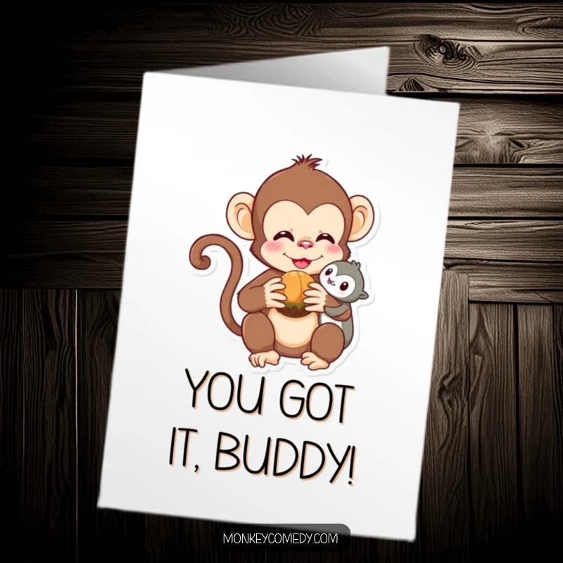 Funny Free Printable Kawaii Monkey Congratulations Card: A cute monkey offers a nut in celebration.