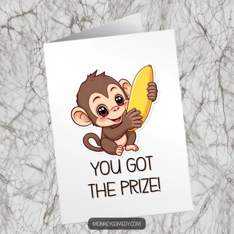 Funny Free Printable Congrats Card of a curious monkey with wide eyes reaching for a banana, a celebratory DIY gift.