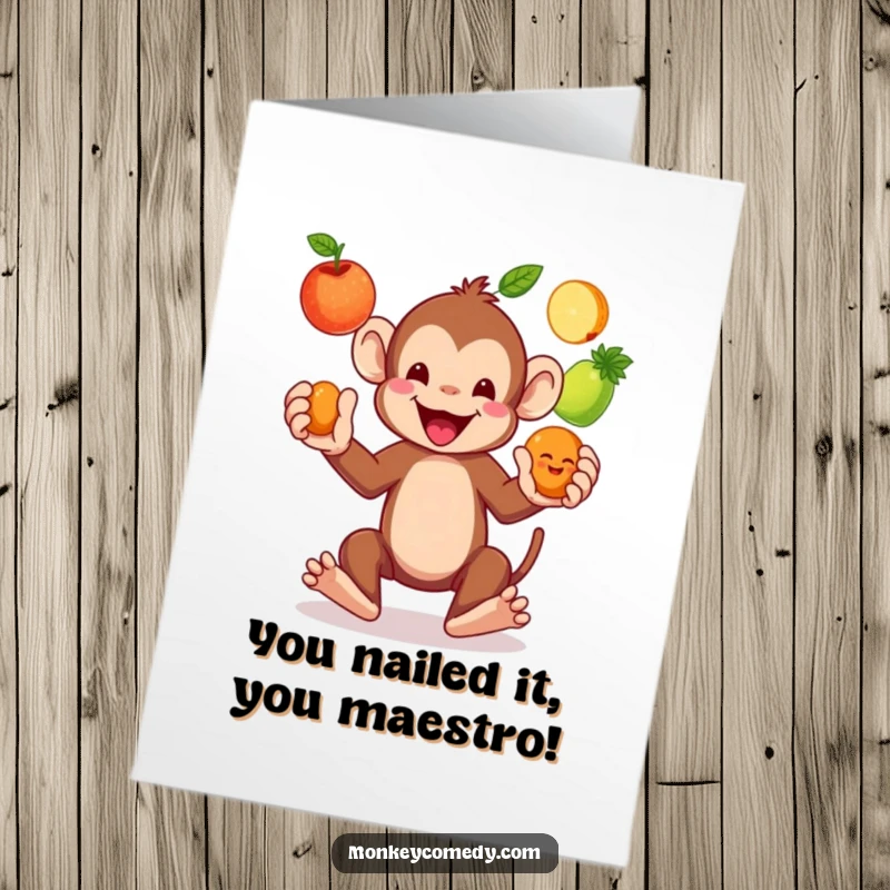 Funny Free Printable Congratulations Card: A talented monkey triumphantly juggles three vibrant fruits, celebrating a great achievement.