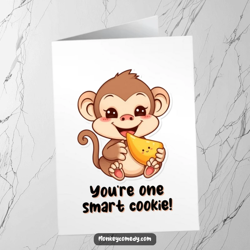 Funny free printable congratulations card: A charming kawaii monkey with a playful grin is busy eating a tasty piece of fruit.